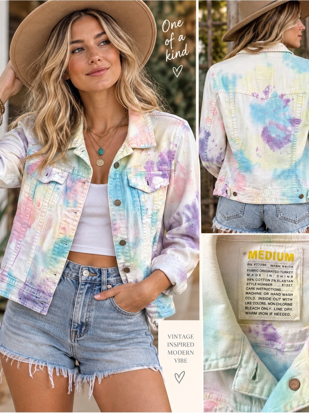 Pastel Tie Dye White Denim Trucker Jacket Cotton Stretch Size Medium